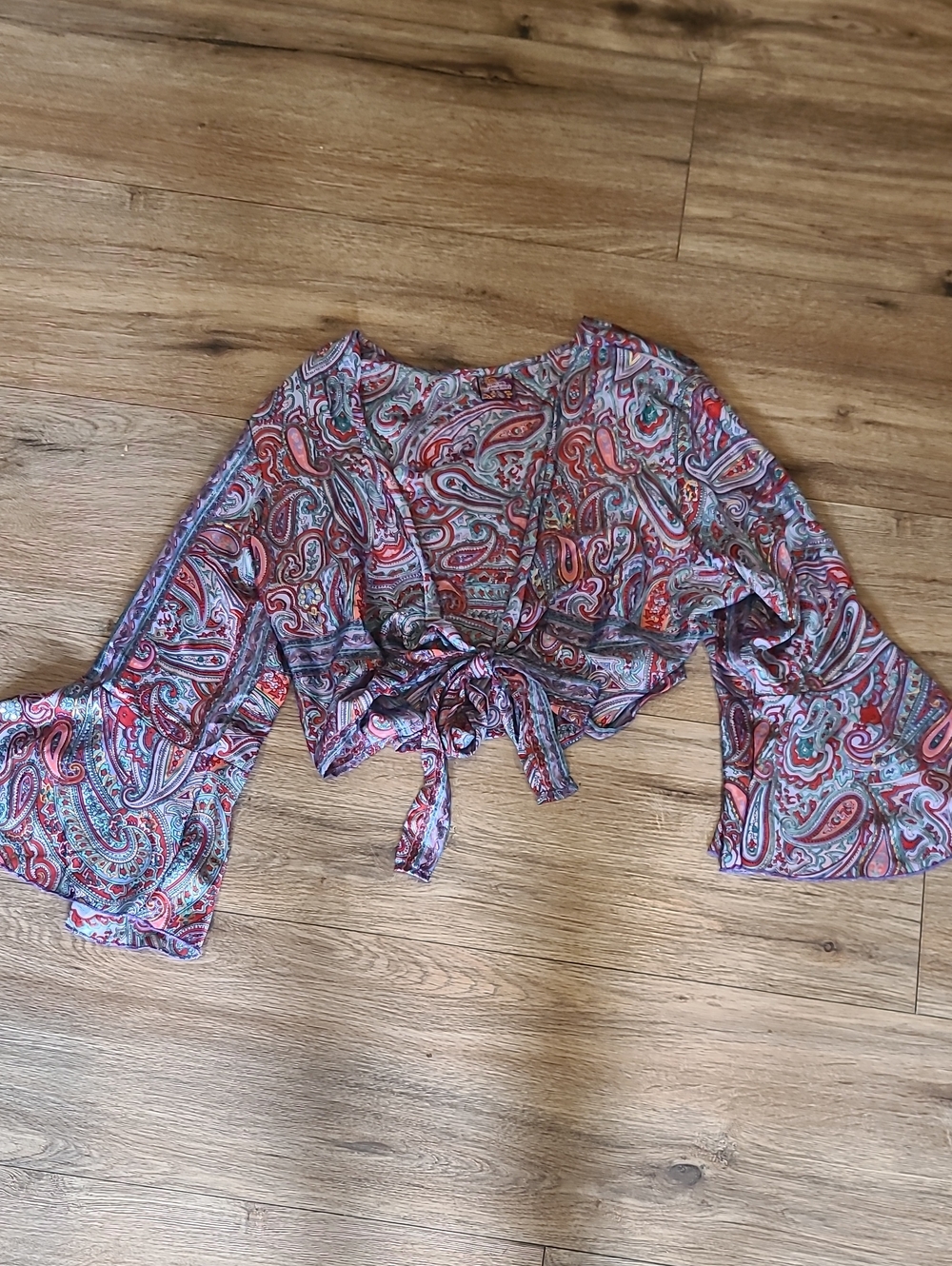 Bohemian Silk Sari Style Tie Front Bell Sleeve Festival Crop Top